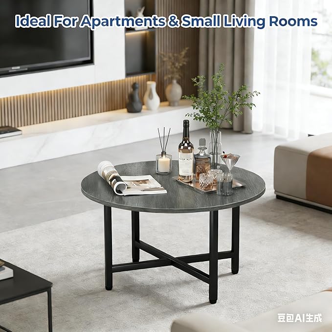 Coffee Table, 23.6" Coffee Tables for Living Room, Round Coffee Table with Metal Frame, Floor Table for Sitting on The Floor, Home, Office, Elegant Gray