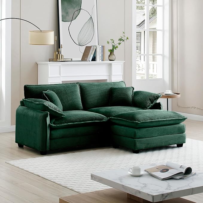 KEIKI 81" L-Shaped Oversized Corduroy Modular Sectional Loveseat Sofa with 1 Ottoman, High-Density Foam Cushions, Removable Armrests, Upholstered 2-Seater Couch with 4 Pillow, for Living Room, Green
