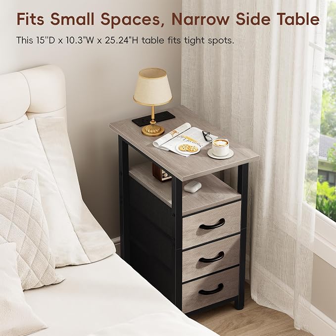 Vagusicc Night Stand with Charging Station, Narrow Nightstand with U-S-B Ports and Outlets, End Table with 3 Fabric Storage Drawers, Small Bedside Table, Greige - Image 7