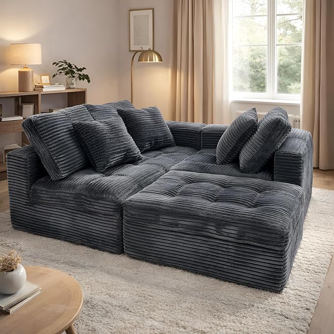 Eafurn 105" L-Shaped Boneless Modular Sectional Sofa with Movable Ottoman, Comfy Corduroy Floor Couch with Deep Seat and Tufted Seat, Flexible Module Combination for Living Room, No Assembly | Deep Seat, Wider Armrest, Free Combination, Tufted