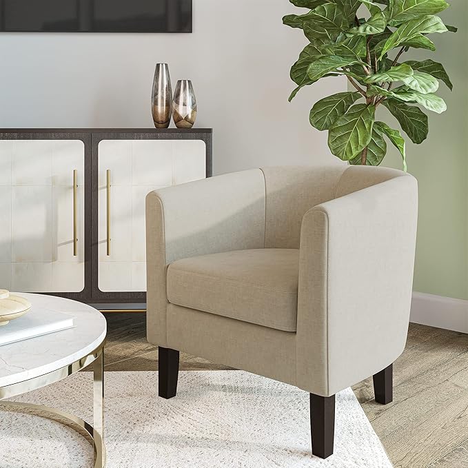 BELLEZE Accent Barrel Chair, Linen Round Club Tub Sofa Corner Chair with Flared Legs and Cozy Soft Padding for Living Room Bedroom Waiting Room - Beige