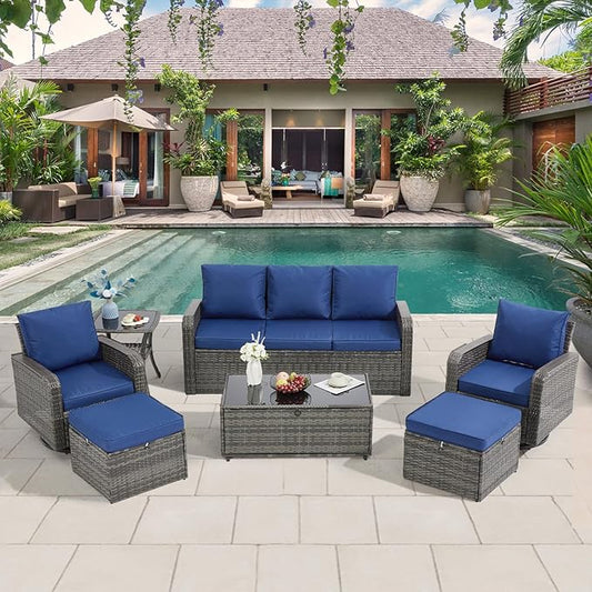 7 Pieces Outdoor Patio Furniture Set with Swivel Chairs, Wicker Patio Furniture for Porch Deck Bistro Lawn Garden Backyard Poolside-Blue
