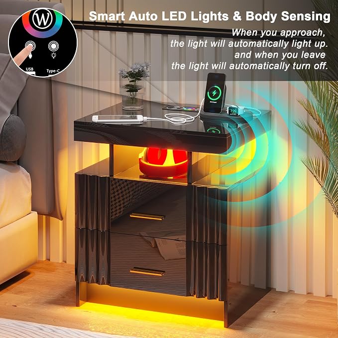 Nightstand with Wireless Charging Station, Bedroom Bedside Table with RGB Lights, Smart Night Stand with 2 Drawers, Bedside Tables Modern Bedside Table for Bedroom, Living Room(Black) - Image 5