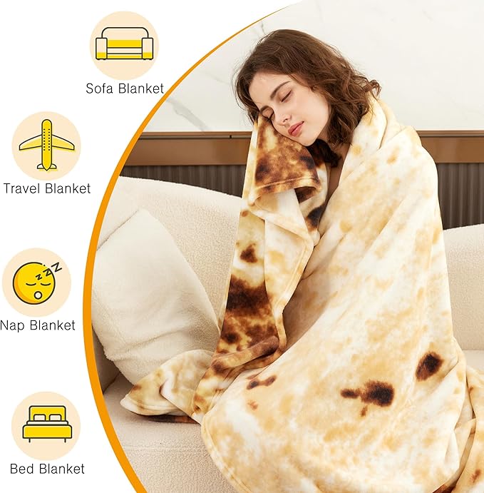Burrito Tortilla Throw Blanket, 2.0 Double Sided Burritos Taco Tortilla Wrap Blankets for Adults Kids, Giant Funny Realistic Food Blankets, Soft Flannel Round Throw Blanket