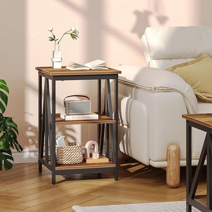 Bigbiglife Living Room Coffee Table Set of 3, Industrial X-Design Coffee Table and 2 End Side Tables, 3 Piece Living Room Table Set with Large Storage for Apartment Home (Wood Grain)