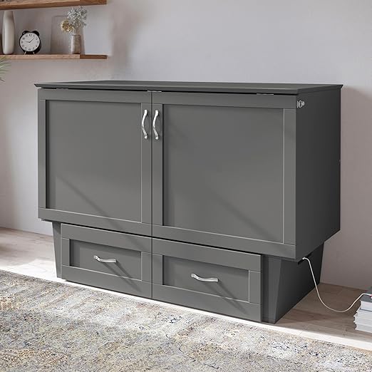 AFI, Chelsea Mid-Century Modern Full Wood Murphy Bed Chest with 6" Mattress, Storage Drawer & Built-in USB Charger, Grey