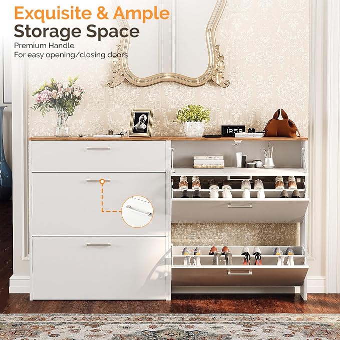 VINGLI Set of 2 Shoe Cabinet for Entryway, 2-Pack 31.5" W Extra Wide Slim Shoe Organizer with 2 Flip & 1 Drop-Down Drawers, Modern White Shoes Rack with Oak Top, Narrow Cabinet for Hallway - Image 5