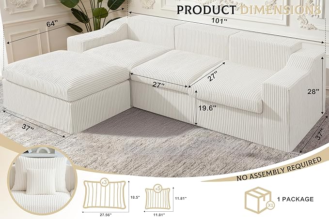 101" Modular Couch Sectionals with Ottoman, Big Comfy Cloud Couches, L Shaped 4 Seat Modular Sectional Sofa, Sectional Double Cushion Couches with Deep Seat for Living Room,No Assembly Required(Beige)