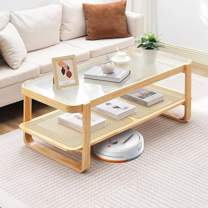 VEVOR Rattan Coffee Table, Rectangle Rattan Woven Wood Coffee Table with Tempered Glass Top, 45-Inch Modern Boho Storage Coffee Table with Natural Wood Legs, for Living Room, Bedroom & Small Spaces