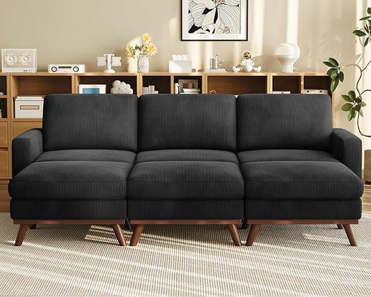 Vesgantti 97" Modular Sectional Sofa Black, Sectional Couch with Movable Ottoman, Comfy Corduroy Couch with Spring Cushion, Modular Sofa with Deep Seat for Living Room, Bedroom and Apartment