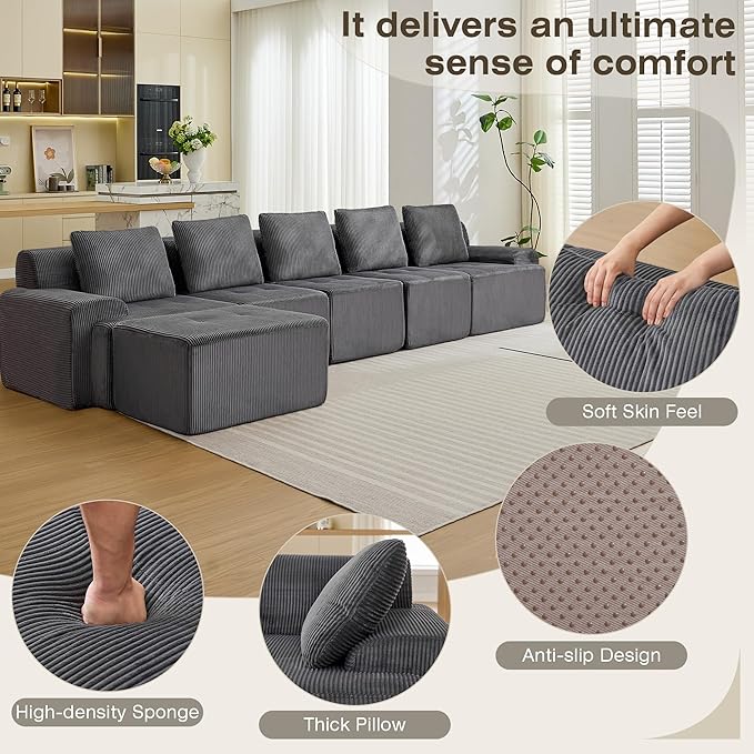 Modular Sectional Sofa, 6 Seat Modular Couch, Modular Sofa with Deep Seat and Detachable Pillow (Grey, 6 Pieces-L Shape)