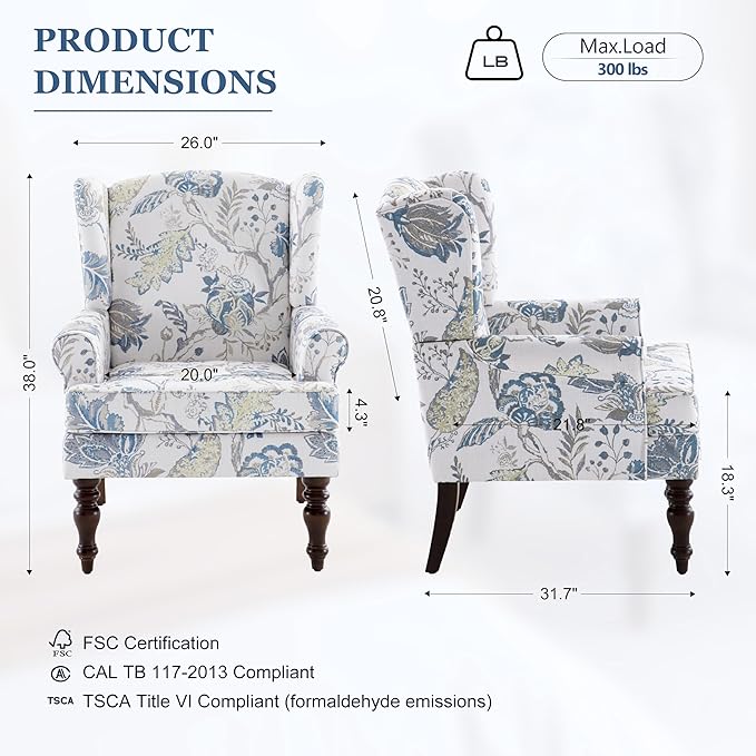 HUIMO Printed Wingback Accent Chair, Linen Upholstered High Back Armchair, Comfy Reading Chair for Living Room Bedroom Study, 300lbs Weight Capacity (1, Blue Floral)