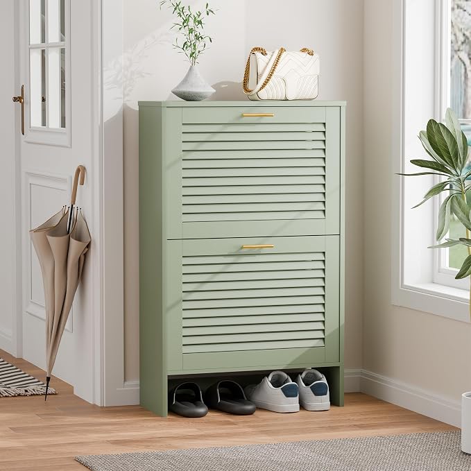 Shoe Cabinet Storage, Hidden Shoe Organizer, Modern Freestanding Organizer with 2 Flip Drawers Louvered Shoe Cabinet for Entryway (Green, 2 Drawers) - Image 6