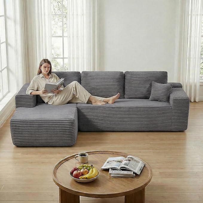 104 inch Boneless L-Shaped Sectional Sofa with Throw Pillow & Side Pockets- No Assembly Compressed Modular Couch, Memory Foam, Deep Seat for Living Room, Bedroom, Apartment Grey Left
