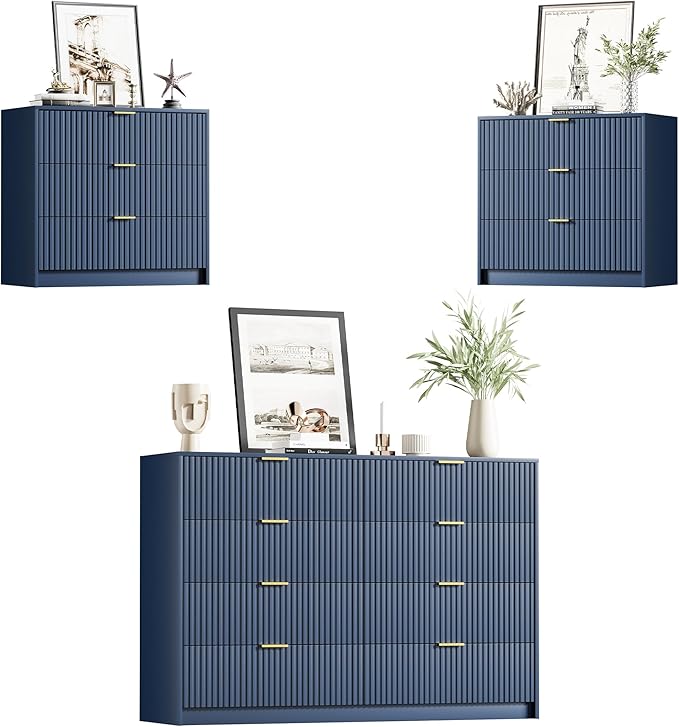 Furniway Navy Blue Dresser Bedroom Set 3 Pieces, Nightstands Sets of 2, 8 Drawer Dresser with Gold Handles for Bedroom