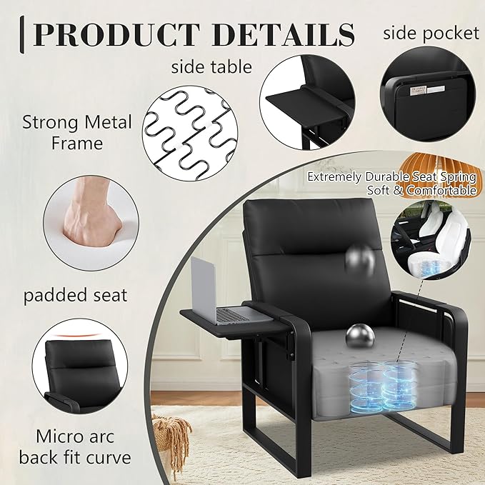 Alunaune Upholstered Living Room Chair Armchair, Mid Century Faux Leather Metal Accent Chair, Reception Couch Slipper Club Lounge Chair Guest Comfy Single Sofa with Sidetable for Bedroom-Black