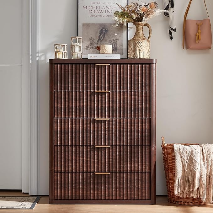 LEYAOYAO Fluted 5 Drawers Dresser Set of 2, 41" Tall Modern Chest of Drawers with Metal Handle, Curved Profile Dresser TV Stand, Wooden Drawer Organizer for Bedroom, Living Room, Hallway, Walnut - Image 2