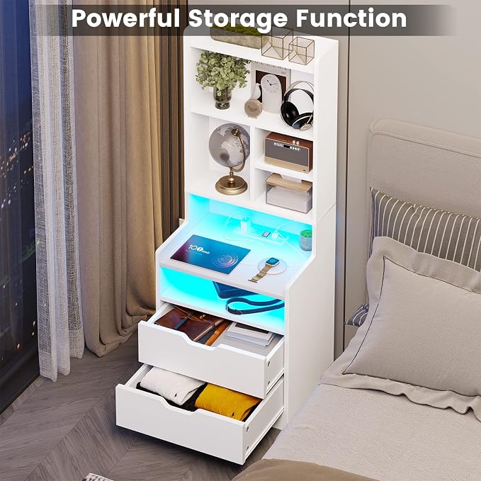 BTHFST Tall Nightstand Set of 2, LED Nightstand with Charging Station, Bedside Table with Shelves and 2 Drawers, Tall End Side Table with LED Lights and Storage, White - Image 6