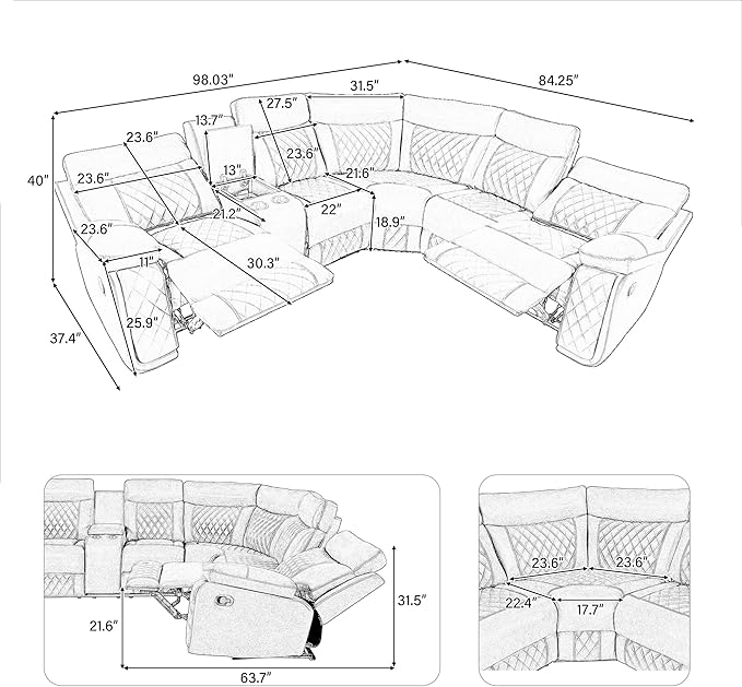ERYE Modern Manual Reclining Corner Sectional Sofa,L-Shaped Faux Leather Upholstered Motion Recliner Sofa Couch W/Storage Console and 2 Cup Holders for Living Room Home Theater