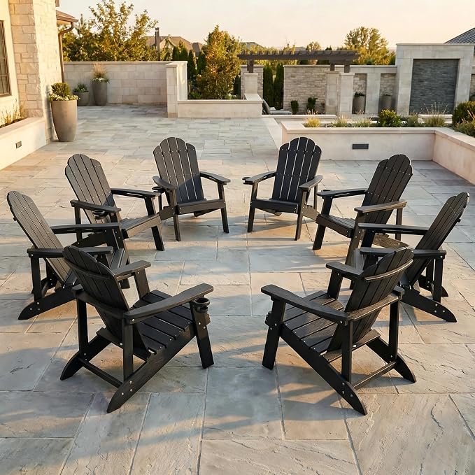 LUE BONA HDPE Adirondack Chairs Set of 8 - Weather Resistant Outdoor Seating with Cup Holder, Ideal for Patio, Deck, Fire Pit, Party & Commercial Outdoor Space, Black by LUEBONA