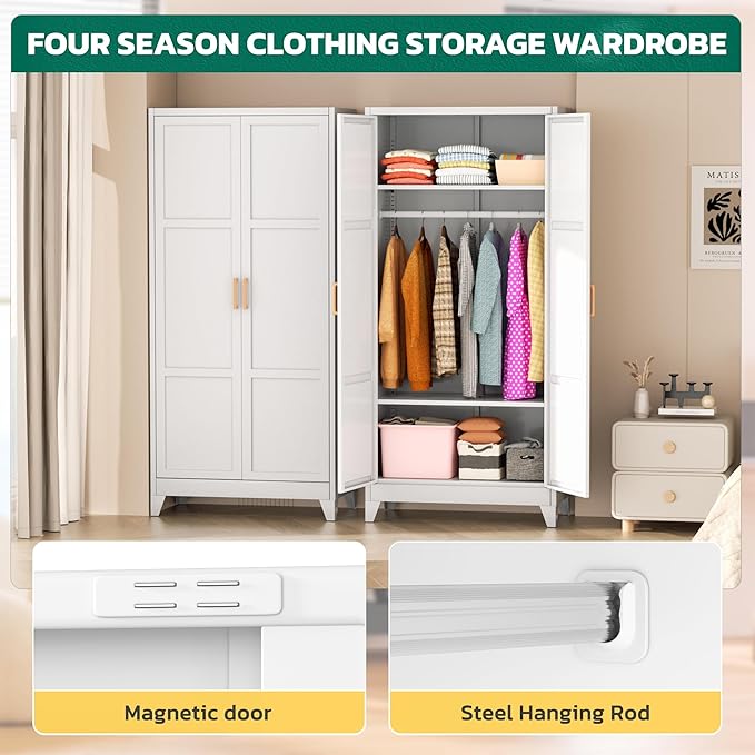 Greenvelly Metal Wardrobe Cabinet, 19" D x 34" W x 71" H Metal Wardrobe Closet with Hanging Rods and Adjustable Shelves,Clothing Storage Closet Cabinet for Bedroom, Cloak Room, Laundry Room (White)