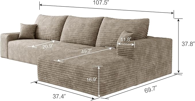 Eafurn Oversized L Shape Modular Sectional Sofa with Right Facing Chaise Lounge,Wide Deep Seat Compressed Corner Couch,Minimalist Corduroy Upholstered Boneless Lounge Sofa Couch | Breathable material, Full Foam, Anti-slip