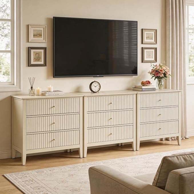RoyalCraft Beige Fluted 3 Drawer Dresser, 32 inch Wide Dresser Nightstand for Bedroom, Modern Wood Chest of Drawers, Large Painted Nightstand with 3 Drawers for Closet, Hallway, Entryway - Image 8