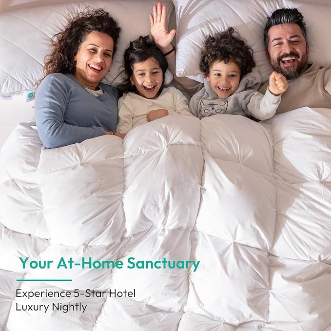Three Geese Oversized King Size Pinch Pleat Duck Feather Down Fiber Comforter - All-Season Down Duvet Insert Fluffy Baffle Box Design with 8 Corner Loops for Warmth and Softness.