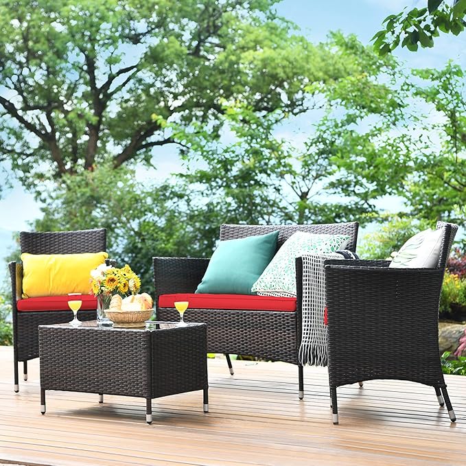 COSTWAY 4PCS Rattan Patio Furniture Set, Outdoor Wicker Rattan Chairs with Coffee Table, Rattan Cushioned Conversation Set for Backyard Balcony Porch Poolside, Red