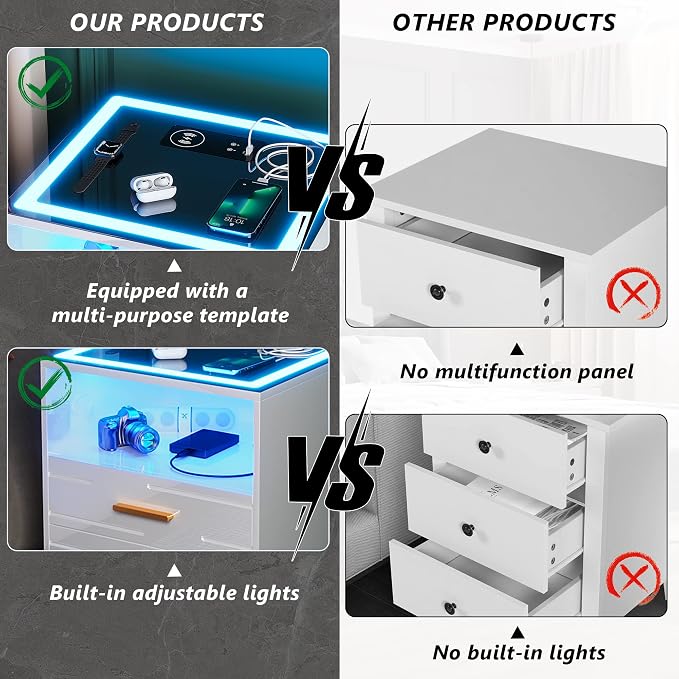 Lvifur LED Nightstand Set of 2 with Wireless Charging Station and USB&Type-C Ports for Bedroom White,3 Color Dimmable Bedside Table with Touch Screen for Office - Image 6