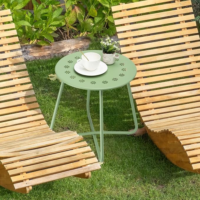 danpinera Outdoor Side Tables with Flower Cut Outs, Weather Resistant Steel Patio Side Table, Small Round Outdoor End Table Metal Side Table for Patio Yard Balcony Garden Green - Image 2
