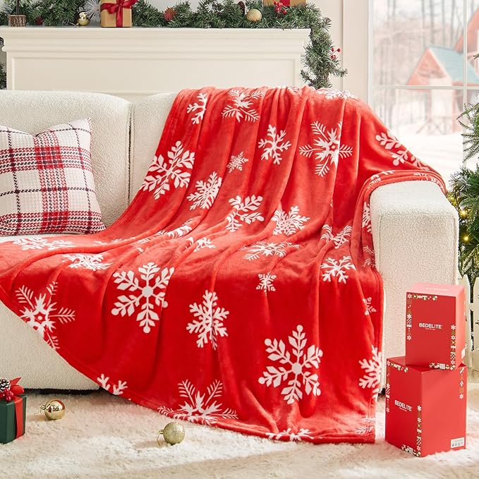 BEDELITE Christmas Throw Blanket?€? Cozy Holiday Blanket with Red Snowflake Design, Soft Lightweight Fleece Christmas Blanket for Couch & Bed, Festive Home D??cor & Gift, 50"x60"