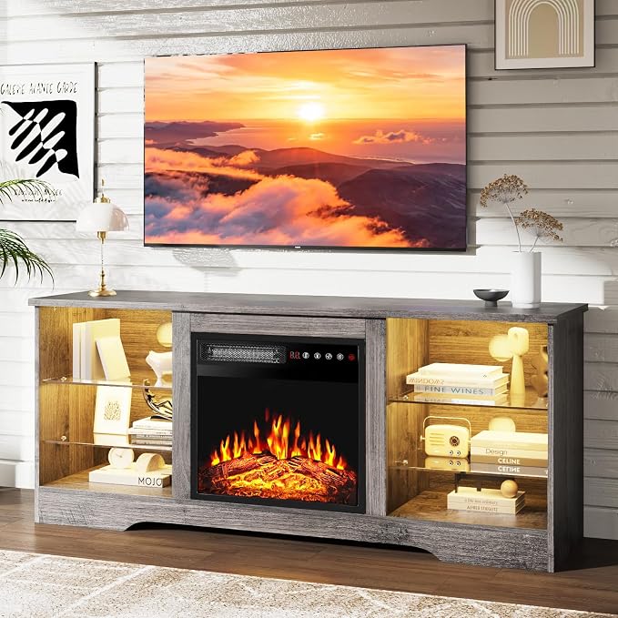 PRETZI Fireplace TV Stand with 18" Fireplace Up to 65" TVs, 58" Entertainment Center with LED Lights, TV Media Console with Adjustable Glass Shelves and Storage Cabinets for Living Room, Grey by PRETZI