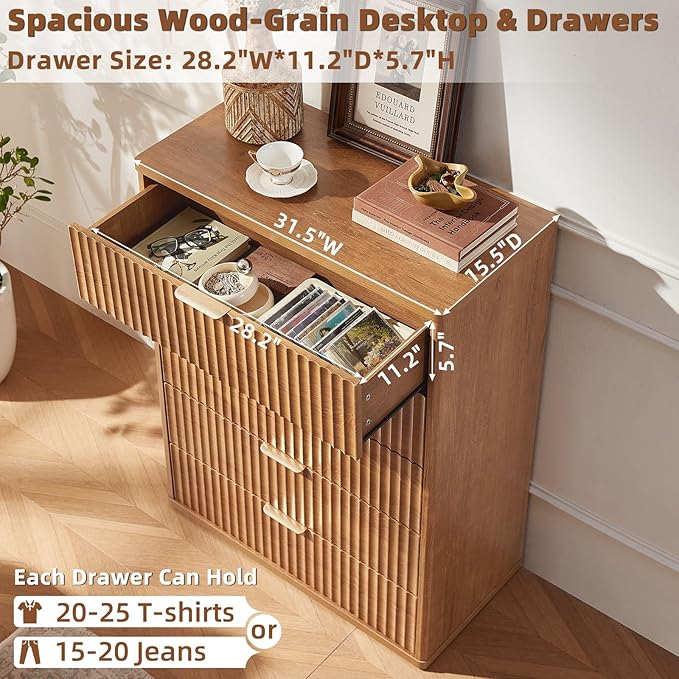 LEYAOYAO Fluted 5 Drawers Dresser Set of 2, 41" Tall Modern Chest of Drawers with Metal Handle, Curved Profile Dresser TV Stand, Wooden Drawer Organizer for Bedroom, Living Room, Hallway, Brown - Image 6