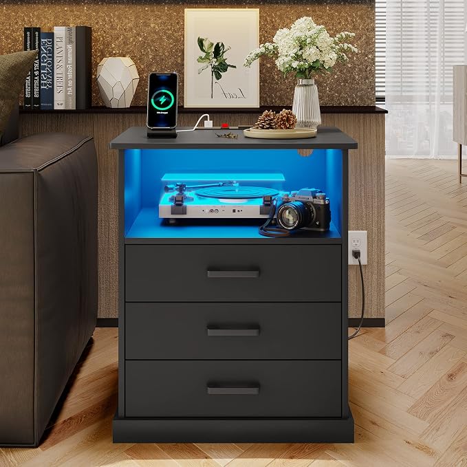 Hasuit Nightstand with Charging Station and LED Lights, Large Bedside Table with 3 Storage Drawer, Black Night Stand for Bedroom, Wider Tabletop 19.0''(L) x 15.0''(W) by Hasuit