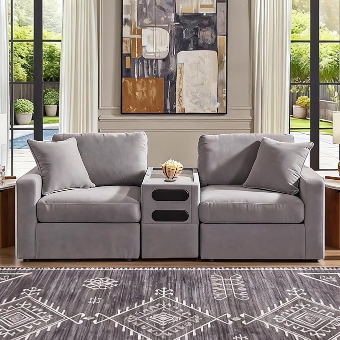 Signature Design by Ashley Modmax Casual Modular Stain Resistant 3-Piece Sectional with Audio Console, Drawer Storage, USB Ports and 2 Accent Pillows, Gray