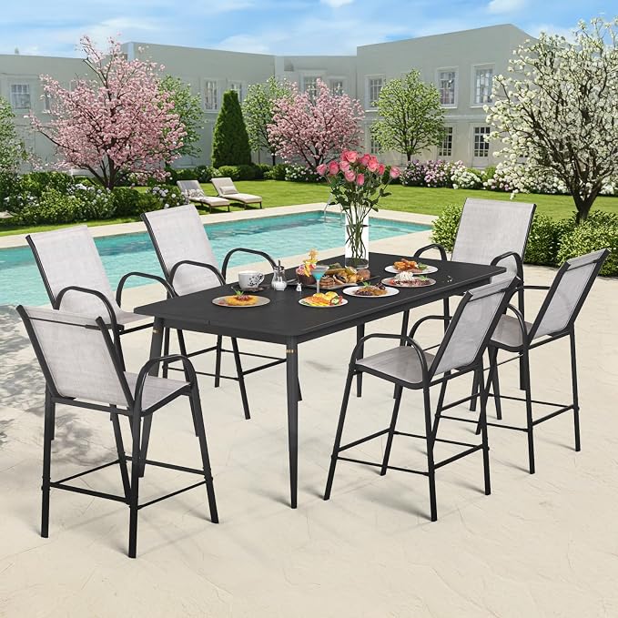 HOMREST Outdoor Bar Height Stools Set of 6,High Back Patio Chairs with Armrests,Textilene Chairs with Breathable Fabric & Metal Frame for All Weather,Light Grey - Image 2