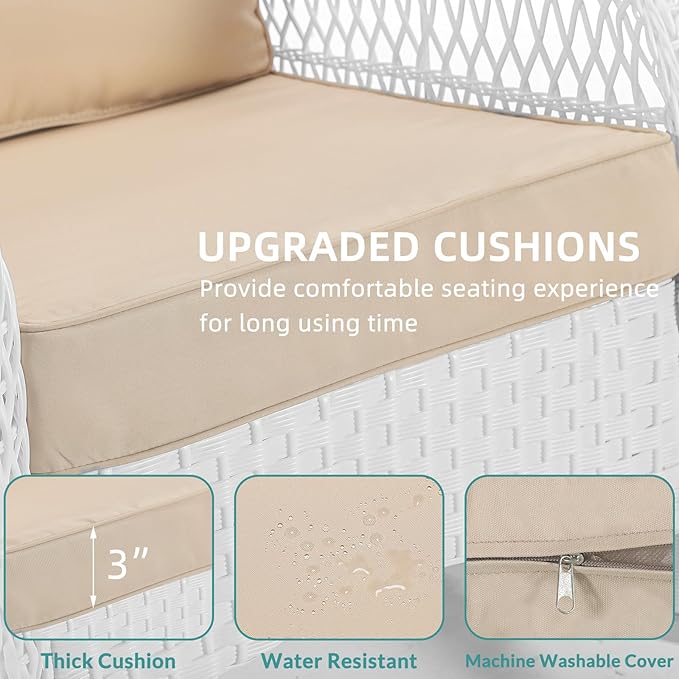MEETWARM Patio Wicker Rocking Glider Set, All-Weather Outdoor Rattan Patio Rocking Chairs of 2, Patio Conversation Set with Thickened Cushions for Porch Garden & Backyard, White Wicker/Beige