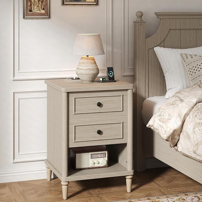 Bestier Night Stand with Charging Station, 26.7" H Farmhouse Nightstand with 2 Drawers & Open Shelf, Solid Wood Nightstand with AC Outlets, USB & USB-C Ports, Bed End Tables for Bedroom, Cream Oak - Image 9