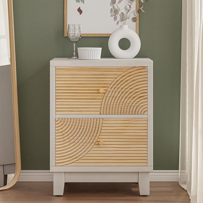 COZAYH 2-Drawer Farmhouse Nightstand, Mid Century Nightstand Fully Assembled with Handcrafted Wood Ring Pattern for Boho, Mid-Century, Rustic Style, White - Image 6