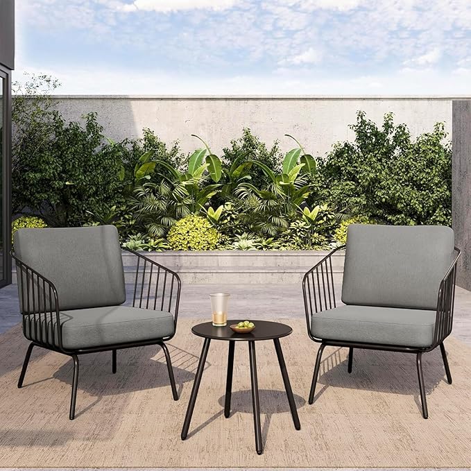 East Oak 3-Piece Plaza Patio Furniture Set, Outdoor Furniture with Thick Cushion Sofa and Coffee Table, Outdoor Bistro Set for 2, Small Space, Modern Patio Conversation Set for Balcony, Brown & Beige