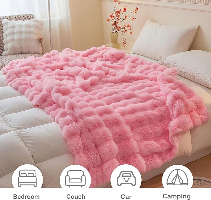 LIFEREVO Luxury Fluffy Faux Rabbit Fur Throw, Plush Fuzzy Bubble Waffle Blanket for Couch Sofa, Soft Cute Furry Blanket Home Decoration, Shaggy Lap Throw for Bedroom Living Room Office, 50x60, Pink