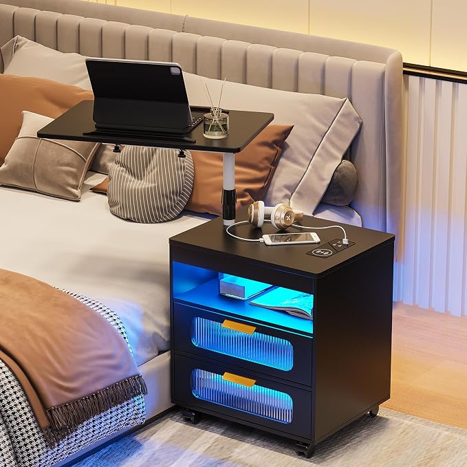 HNEBC Nightstand with Wireless Charging Station, LED Nightstand Has Adjustable Rotary Workstation,Smart Night Stand with 2 Drawers,Modern Bedside Table for Bedroom, Sensor Light/Wheel (Black) - Image 9