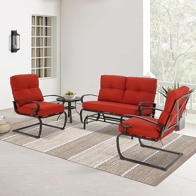 Oakcloud 4-Piece Outdoor Metal Furniture Sets Patio Conversation Set Wrought Iron Glider, 2 Spring Lounge Chairs and Round Side Table, Red