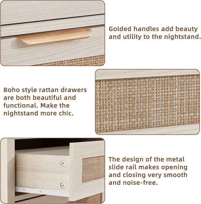 LEYAOYAO 31.5" Wide Rattan Nightstands Set of 2 with Charger Station, Large Boho 3 Drawer Night Stand, Grey White Bedside Table with Storage, Bed Side End Tables for Bedroom, Living Room, Hallway - Image 6