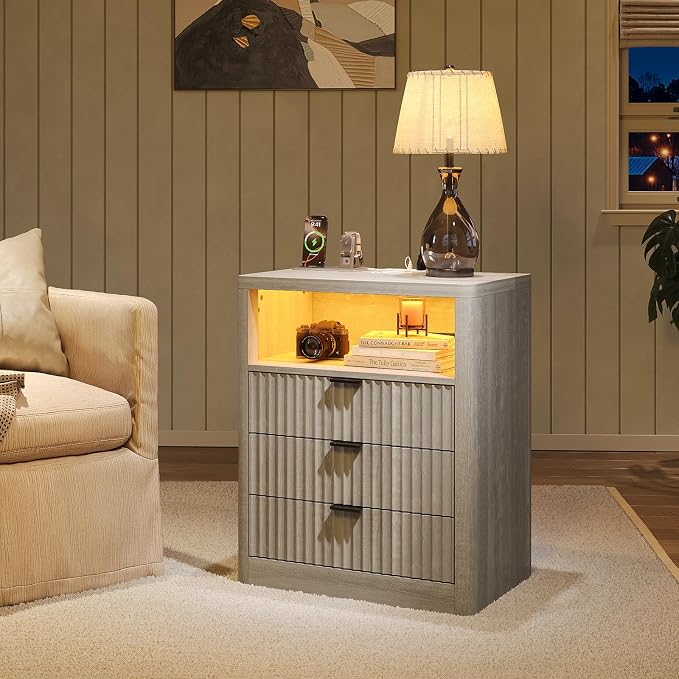FUSOU Fluted Night Stand Set 2, Nightstands with Charging Station and LED Lights, Modern Bedside Table with 3 Drawers and Open Shelf, End Table with Storage, Night Stand for Bedroom, Grey - Image 4