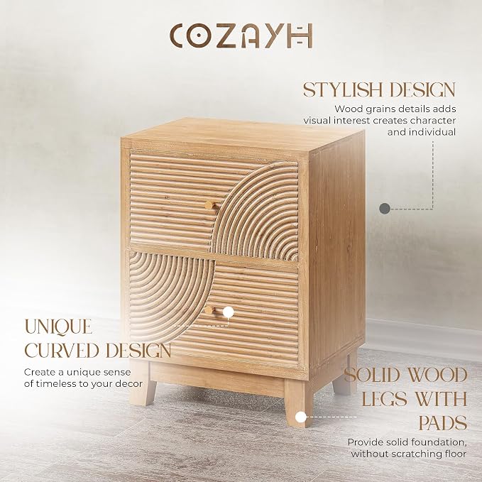 COZAYH Set of 2 2-Drawer Farmhouse Nightstand, Mid Century Nightstand Fully Assembled with Handcrafted Wood Ring Pattern for Boho, Mid-Century, Rustic Style, Natural Wood - Image 4
