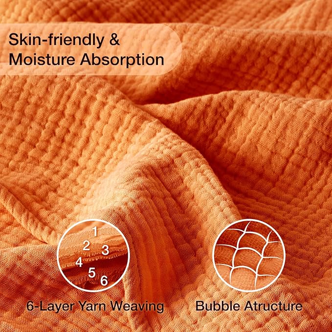 100% Cotton Muslin Blanket Twin 66" x 90", 6 Layers Breathable and Lightweight Cotton Blankets for Couch, Soft Cooling Summer Gauze Blanket for Adults All Season, Orange