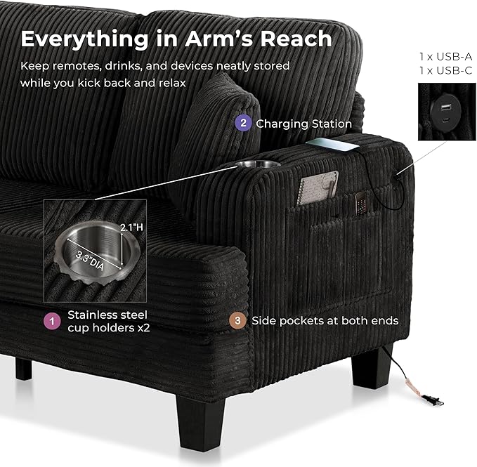 Homes: Inside + Out Reese Modern Plush Chenille Couch with Side Pockets, Cup Holders and USB Ports, Wooden Comfortable Sofa for Living Room, Bedroom and Office, Black
