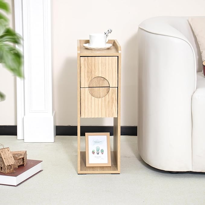 Small Fluted Nightstand Set of 2, Wood 2 Drawer Narrow Nightstand, Slim Side Table, Modern Boho End Bedside Table, Natural Wood Night Stand with Drawers for Bedroom, Living Room, Natural - Image 5